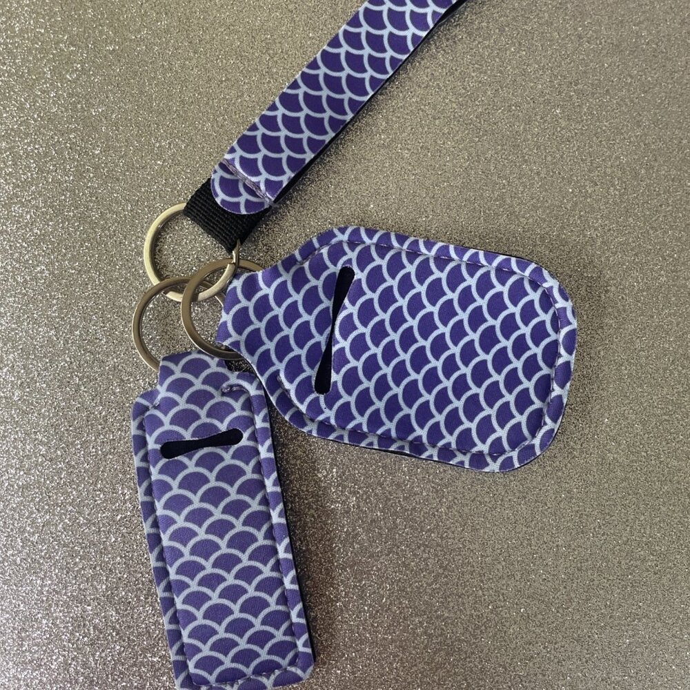 NWOT 3 Piece Neoprene Wristlet, Sanitizer and Lip Balm Holder Keychain Set